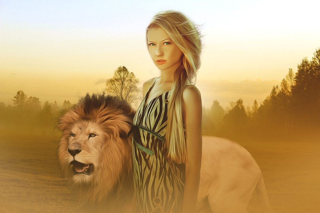 Woman standing with lion 